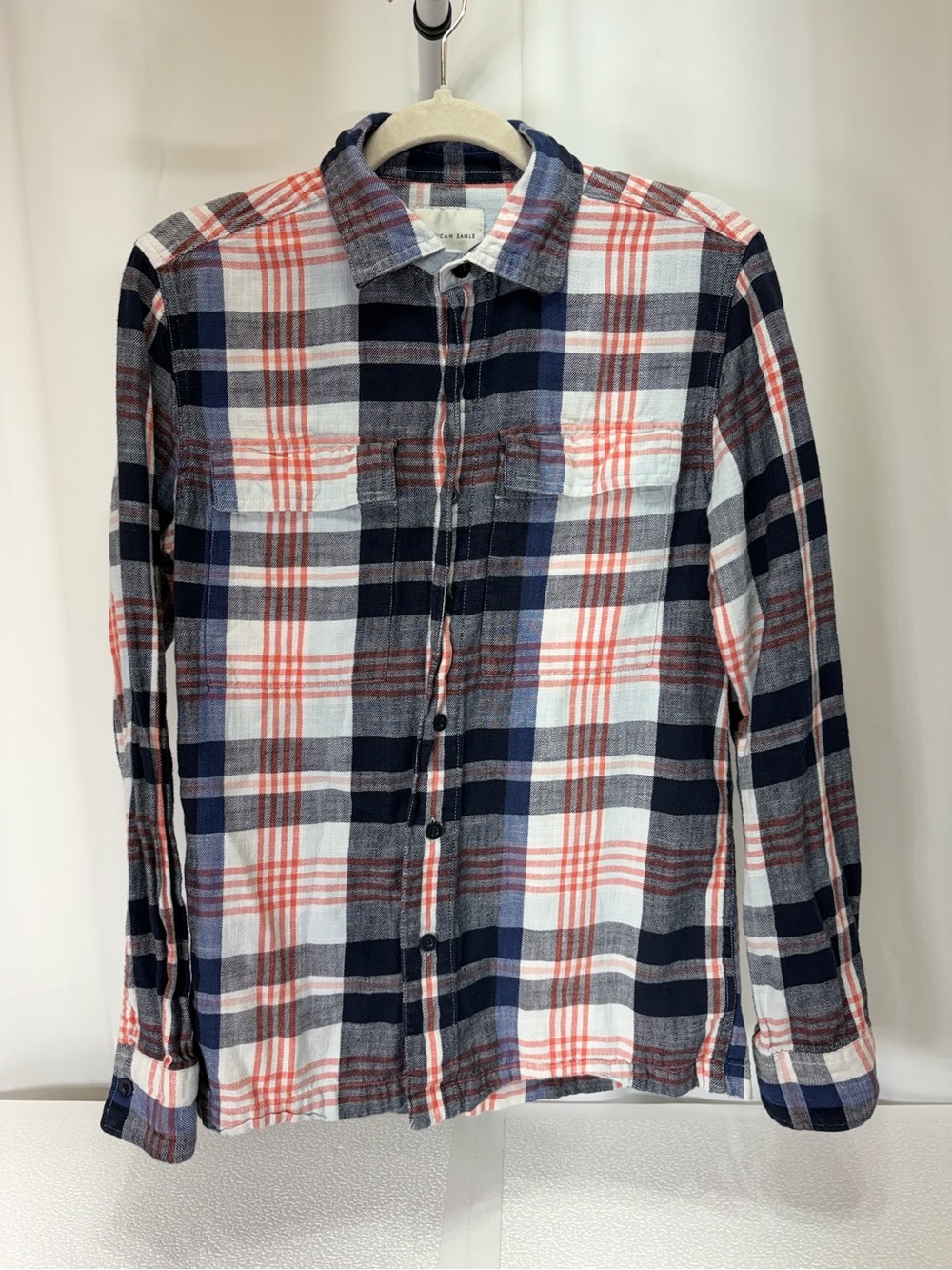 American Eagle Outfitters Navy, White & Orange Plaid Button-Down Shirt 3956